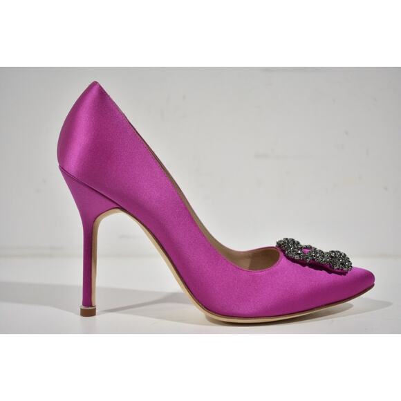 Manolo Blahnik Hangisi 105 Purple Pink Satin Crystal Jewel Buckle Heel Pump 38 - Picture 2 of 13